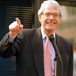 John Major Prime Minister points and laughs during a speech on a visit to Perth