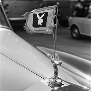 The Playboy logo on a car ahead of the arrival of Hugh Hefner
