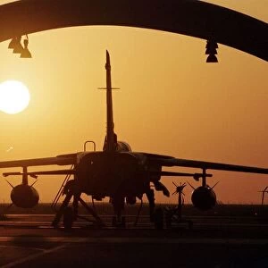An RAF Tornado jet pictured in the hangar at Ali Al Salem Air Base in Kuwait during