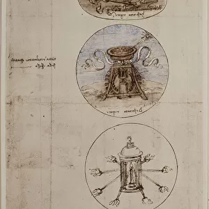 Three emblems: a plow (bearing the inscription "Hostinato rigore"), a compass ( bearing the inscription "Destinato rigore") and a lantern with a lit candle, pen and color drawings on paper turned yellow by Leonardo da Vinci; a paper preserved in the Royal Library of Windsor
