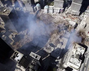 Aerial view of the destruction where the World Trade Center collapsed Aerial view of the destruction where the World Trade Center collapsed
