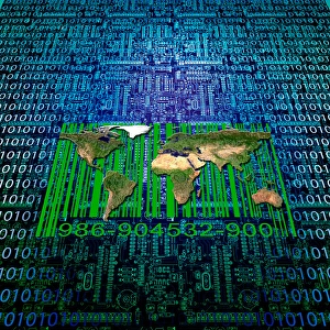 Binary code, modern world map and bar code