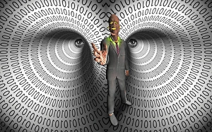 Data Thief. Binary code tunnels. Virtual man