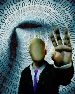 Faceless man in suit warns. Tunnel of binary code on a background