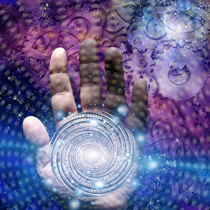 Hand with time vortex and gears