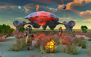 Humans using advanced spaceship technology to explore alien exoplanets