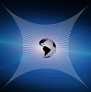 Internet represented by web of binary and globe