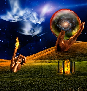 Landscape with fire temple and faces in clouds