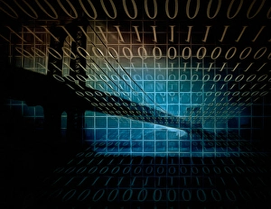 Manhattan bridge and binary code. Digital art