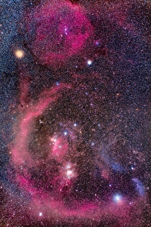 The Orion molecular cloud complex with Barnard's Loop curling around the image
