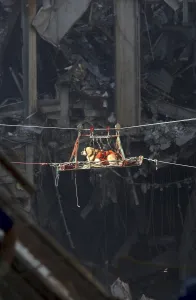 A rescue dog is transported out of the debris of the World Trade Center A rescue dog is transported out of the debris of the World Trade Center
