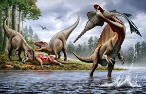 spinosaurus hunting onchopristis pair carcharodontosaurus background Trending Item 2