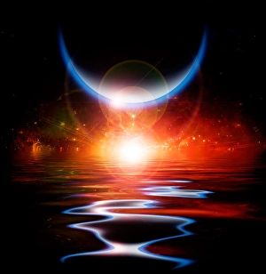 Sun eclipse. Waters reflection and planets