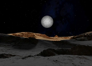 The surface of Pluto with Charon in the sky